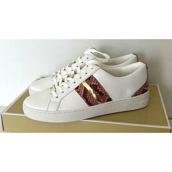 New Michael Kors Catelyn Stripe Lace Up Nappa PU sneakers size 5.5 White Peach - Picture 1 of 9